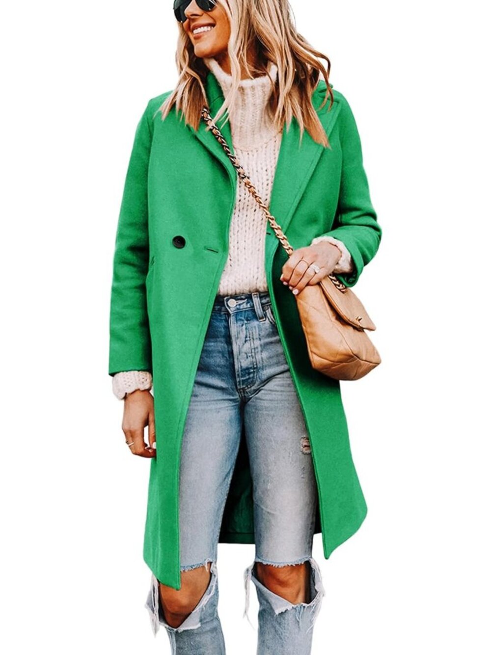 Women's Green Notch Lapel Double Breasted Wool Blend Mid Long Pea Trench Coat